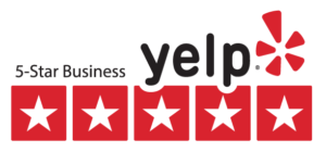 Yelp ‘5-Star Business’ badge with the Yelp logo and five red stars.