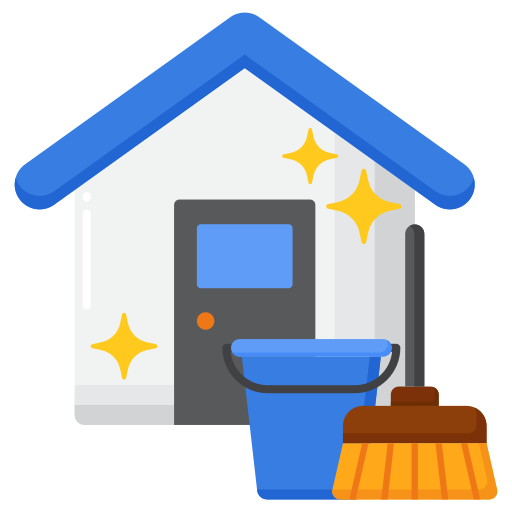 House with cleaning tools and sparkle