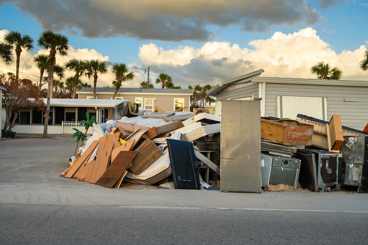 Piles of construction debris, broken furniture, and discarded metal materials outside mobile home units under a cloudy sky.