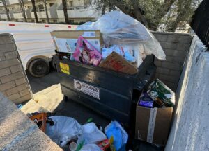A dumpster overflowing with trash sits wedged between two concrete walls, filled with cardboard boxes, plastic bags, and a pizza box, with some garbage spilled onto the ground in front. Trees and apartment buildings are visible in the background under a bright sky.
