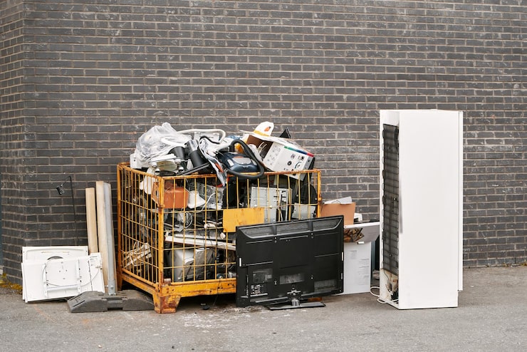 A yellow metal dumpster cage overflowing with discarded electronics and assorted junk, with a black flat-screen TV face-down on the ground in front and a white refrigerator beside it, all set against a gray brick wall.