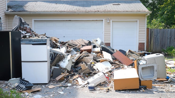 A large pile of trash and debris, including a black refrigerator and a white refrigerator with a top control panel, stacked in front of a two-door garage. The garage has light siding and brick at the base, with a gray shingled roof. Broken wood, metal, plastic, and other discarded items fill the garage doorway. A wooden fence and trees are visible on the right side of the scene.