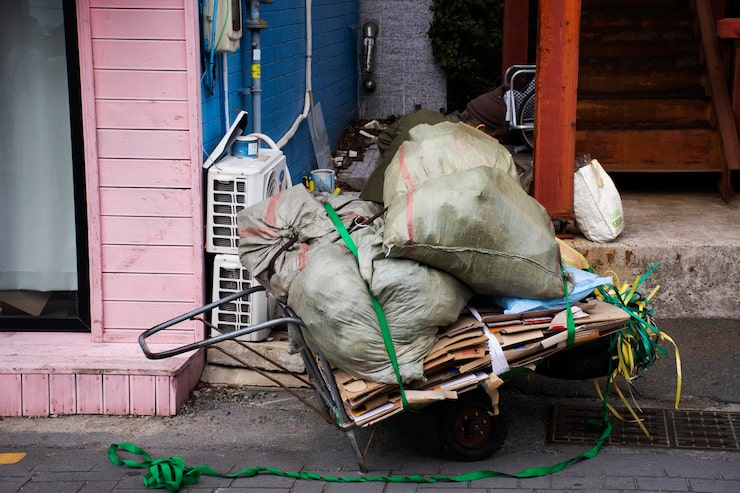 A wheelbarrow overloaded with cardboard and large tied sacks sits outside a blue and pink building. An air conditioning unit is mounted on the exterior wall, with wooden stairs nearby. A white bag rests on the ground next to the wheelbarrow.