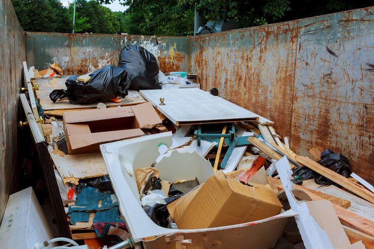 A rusty metal dumpster overflowing with construction and household debris, including a broken white bathtub, an old door, cardboard boxes, black trash bags, and wooden planks. Green trees are visible in the background, contrasting with the discarded materials.