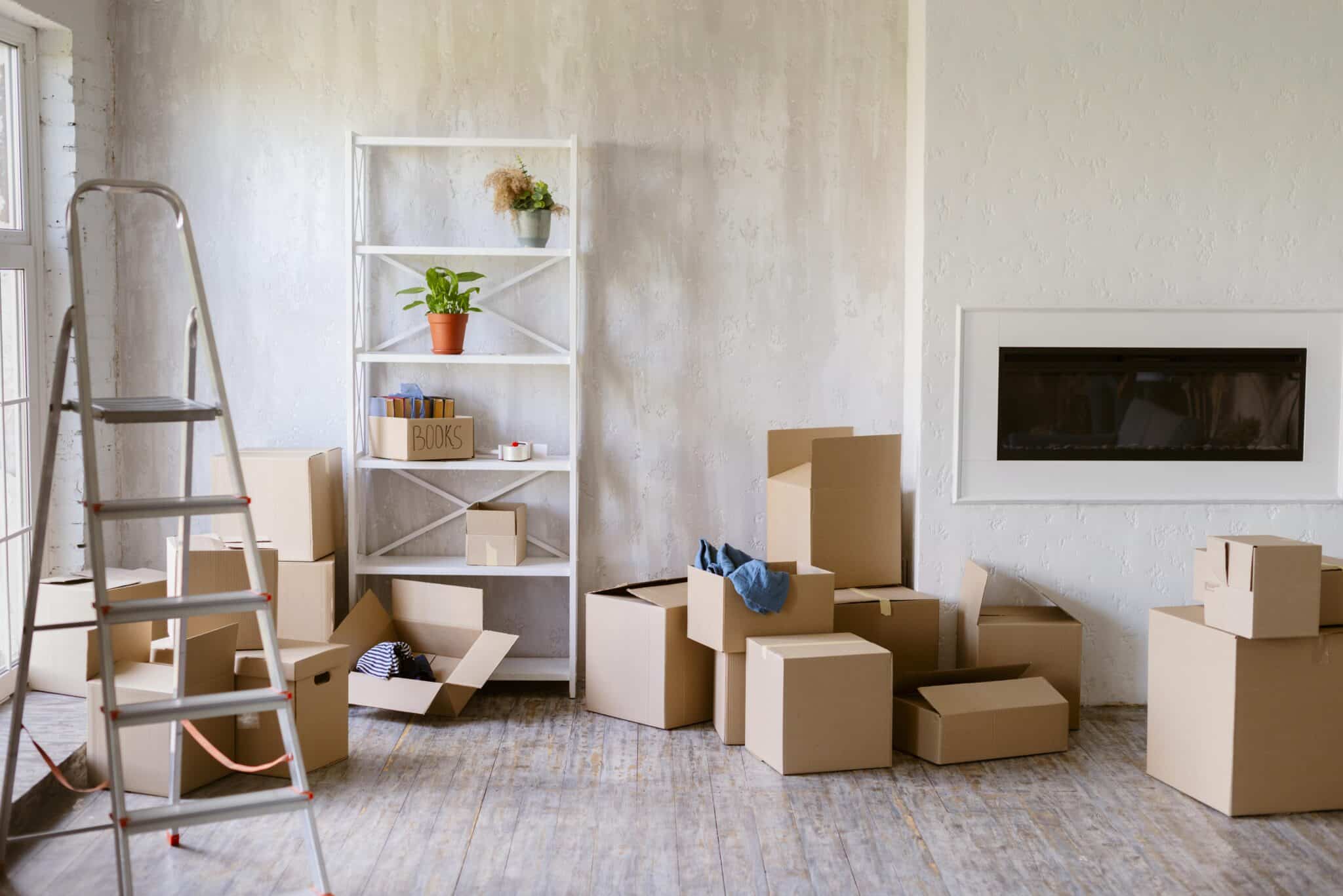 A bright, spacious room with light gray walls and a wood floor is filled with cardboard moving boxes in various stages of packing or unpacking.