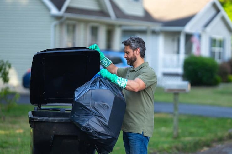 A man with a beard, wearing a green polo shirt, blue jeans, and bright green gloves, places a black trash bag into a black wheeled garbage can outdoors. A light-colored house with a porch and a green lawn are visible in the blurred background.