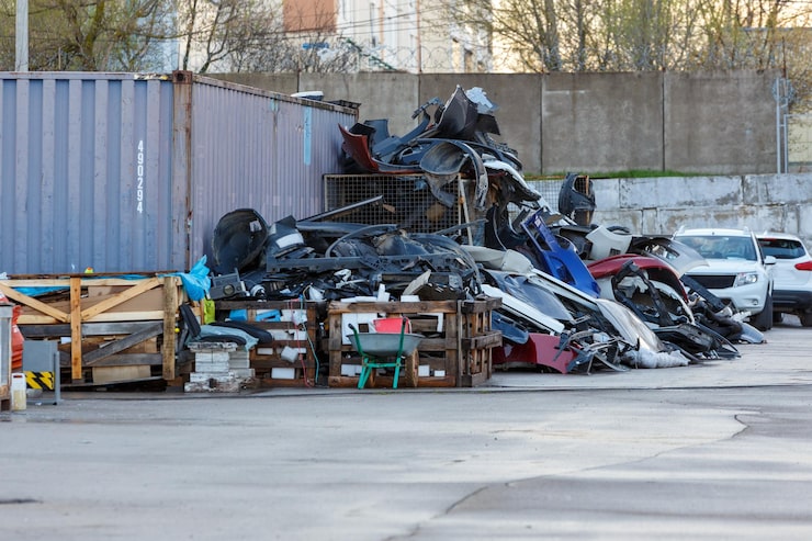 A junkyard scene with a tall blue shipping container labeled "490204" on the left, a large pile of mixed vehicle parts (bumpers, fenders, plastic and metal) in the center, wooden pallets in front, and two white cars parked on the right, with a concrete wall and trees in the background.