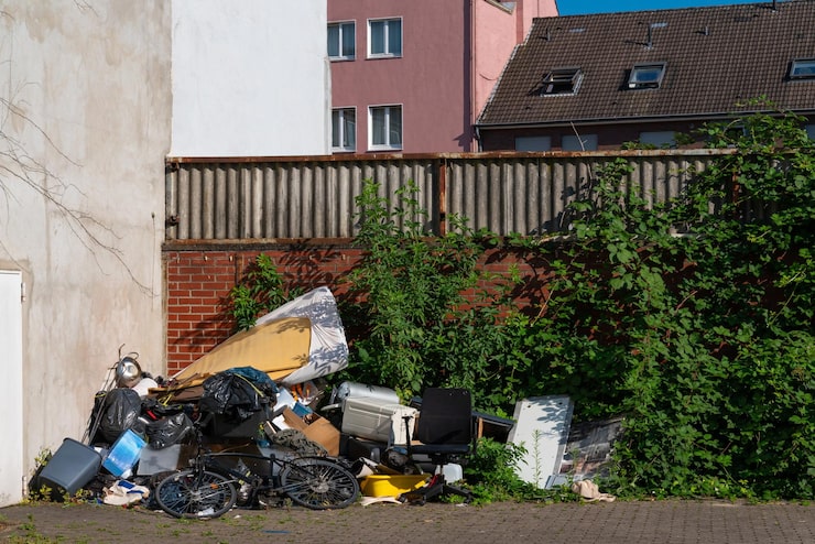 An overflowing pile of trash including a bicycle, black garbage bags, furniture, and a blue bucket sits against a white wall and brown brick wall on the left. A fence in the background separates the area from residential buildings, while dense green foliage grows along the right side. The sky is clear and bright blue, and the foreground is paved.