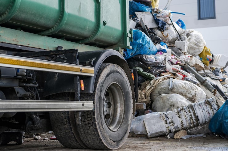 A green garbage truck with a prominent tire and yellow reflective stripe sits beside a massive, overflowing pile of trash, including plastic bags and cardboard, beneath a building with a dark-framed window.