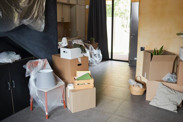 A room being moved or renovated, with plastic-covered furniture and stacks of cardboard boxes, some containing plants and folders. A kitchen and glass sliding doors are visible in the background.