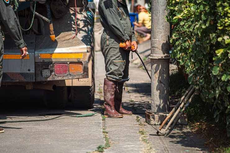 A low-angle photo of a worker in a green jumpsuit and brown boots standing by the rear of a silver utility truck, holding a black hose. Green cable lies on the paved ground; a grey pole, foliage, ladder, and a blurry person in a yellow shirt appear in the background.