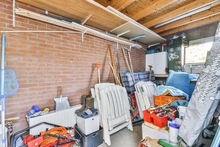 A cluttered garage storage room with brick walls and wooden beams, filled with shelves, tools, pool equipment, Adirondack chairs, bins, and boxes.